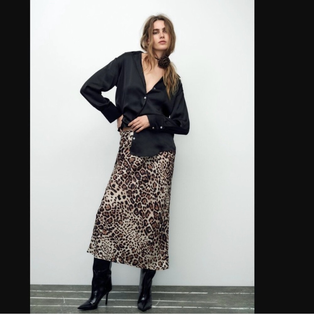 Zara Leopard Print Midi Slip Skirt (Size XS)